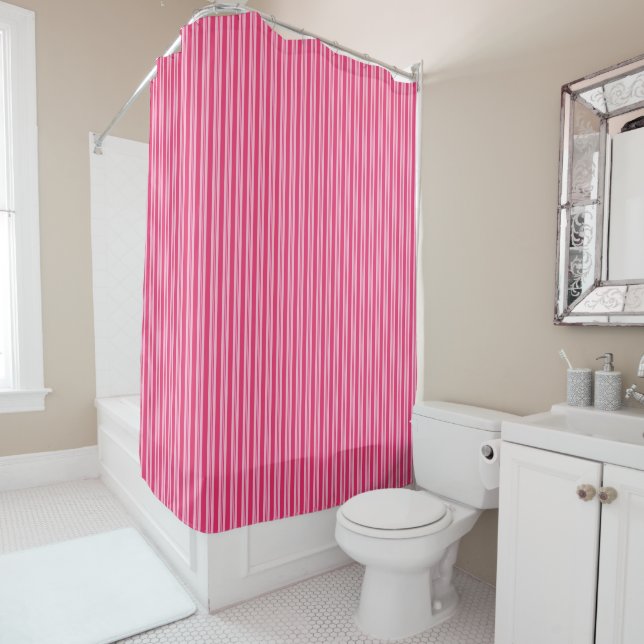 Summer Stripes, Fuchsia and Pastel Pink  Shower Curtain (In Situ)