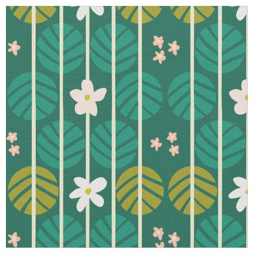 Summer stripes retro floral dark green fabric