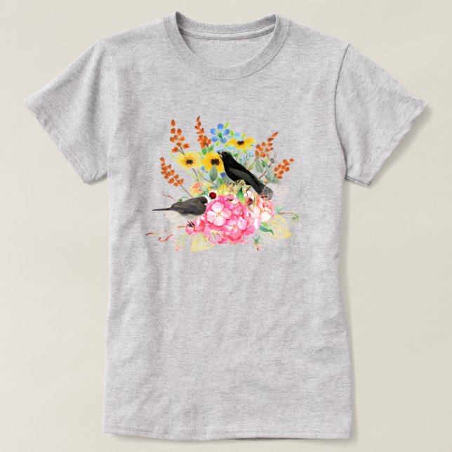 Summer Style Birds in Flower Garden Gray T-Shirt (Design Front)