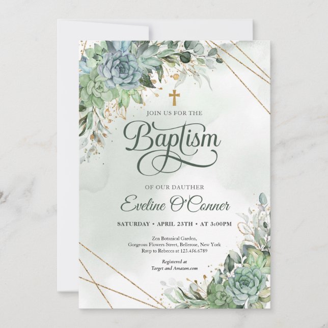 Summer succulents eucalyptus greenery gold Baptism Invitation (Front)