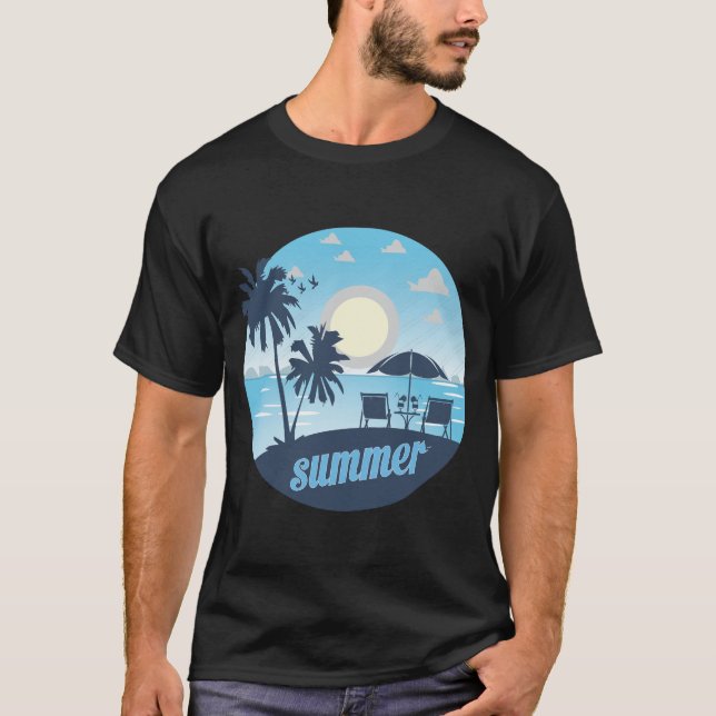 Summer, Sun, Beach, Chairs, Umbrella & Palm Trees T-Shirt (Front)