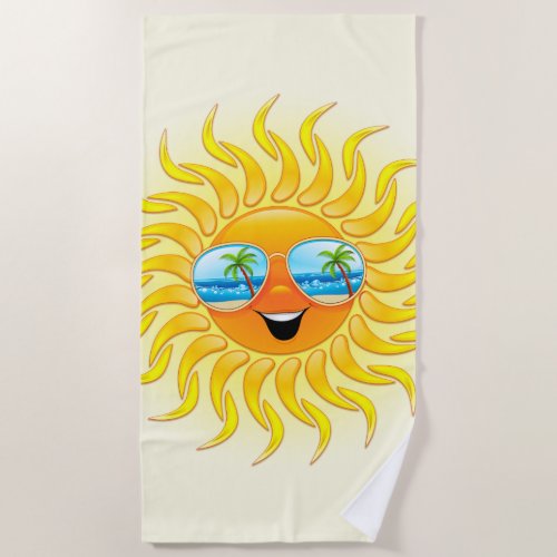 Summer Sun Cartoon with Sunglasses  Beach Towel