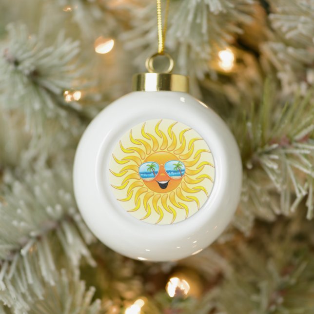 Summer Sun Cartoon with Sunglasses  Ceramic Ball Christmas Ornament (Tree)