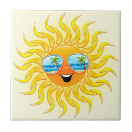 Summer Sun Cartoon with Sunglasses  Ceramic Tile