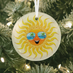 Summer Sun Cartoon with Sunglasses  Glass Ornament