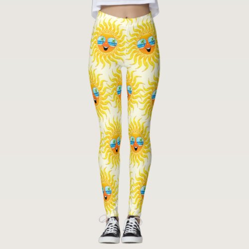 Summer Sun Cartoon with Sunglasses  Leggings