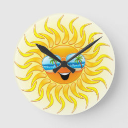 Summer Sun Cartoon with Sunglasses  Round Clock