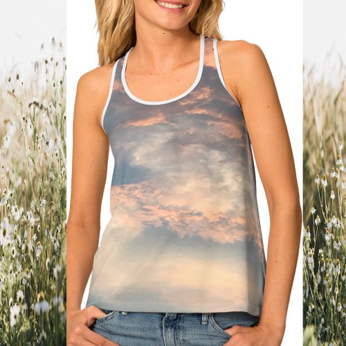 Summer sun setting sky bluedusty pinkgrayyellow tank top