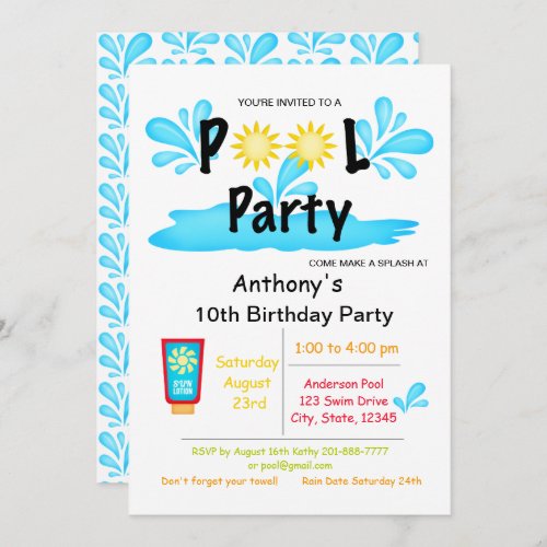 Summer Sun Splash Pool Party Birthday Invitation
