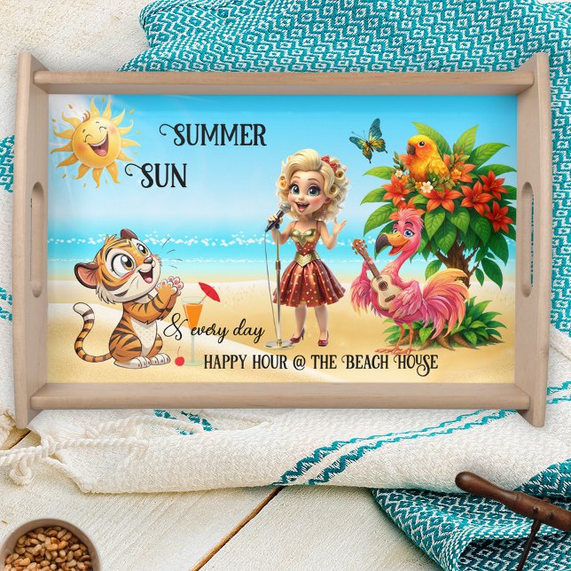 Summer Sun Tropical Beach Happy Hour Serving Tray (Whimsical serving tray featuring a vibrant tropical summer beach scene with music at happy hour)