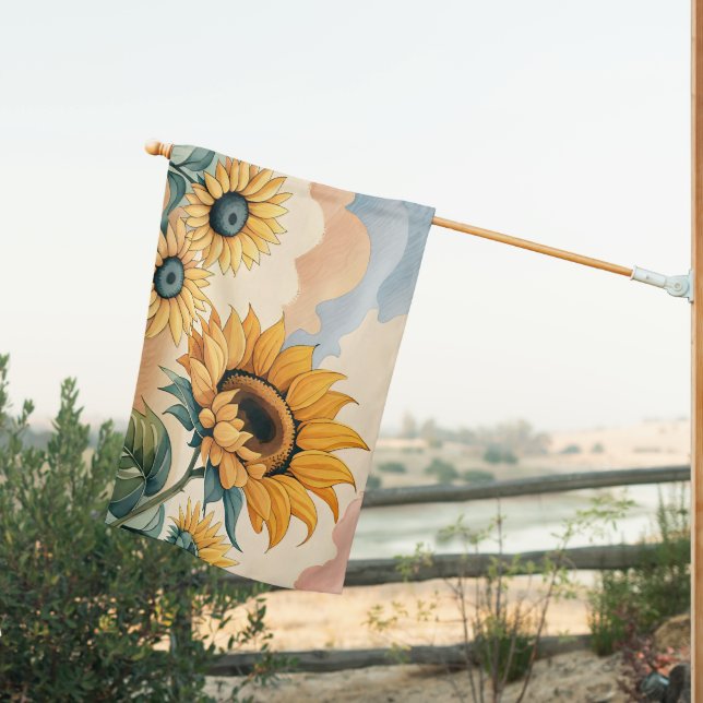 Summer Sunflower Drawing House Flag (Insitu (Back))