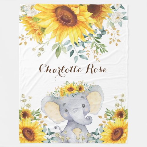 Summer Sunflower Elephant Baby Girl Nursery Fleece Blanket