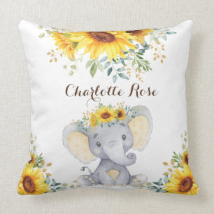 Summer Sunflower Elephant Peanut Baby Girl Nursery Throw Pillow