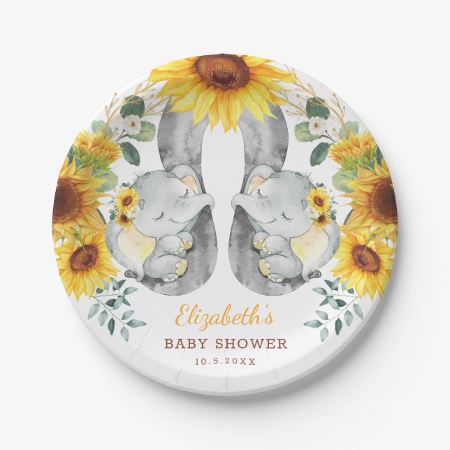 Summer Sunflower Elephant Twins Jungle Baby Shower Paper Plates (Front)