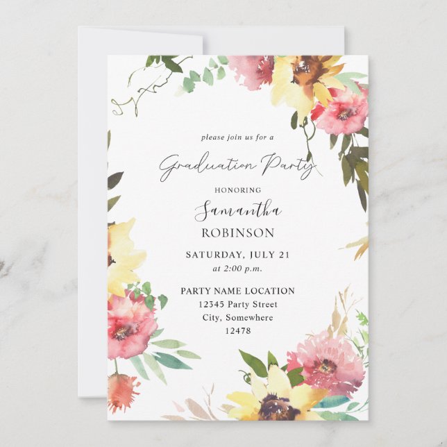 Summer Sunflower Floral Graduation Party Invitation (Front)