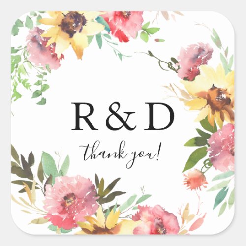 Summer Sunflower Floral Monogram Square Sticker