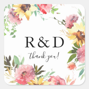 Summer Sunflower Floral Monogram Square Sticker