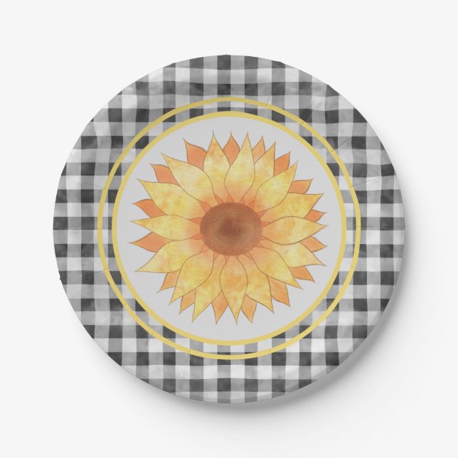 Summer Sunflower Gingham Picnic Paper Plates (Front)