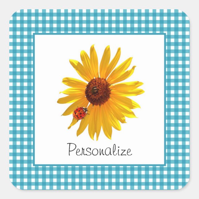 Summer Sunflower Gingham WIth Name Square Sticker (Front)