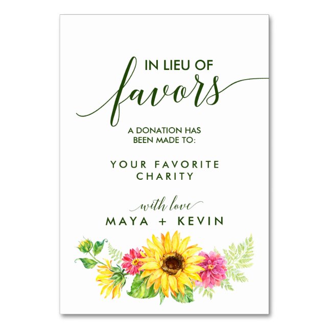 Summer Sunflower In Lieu of Favors Wedding Card (Front)