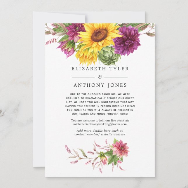 Summer Sunflower Reduced Wedding Guest List Announcement (Front)