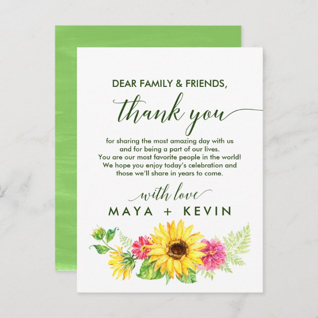 Summer Sunflower Thank You Reception Card (Front/Back)