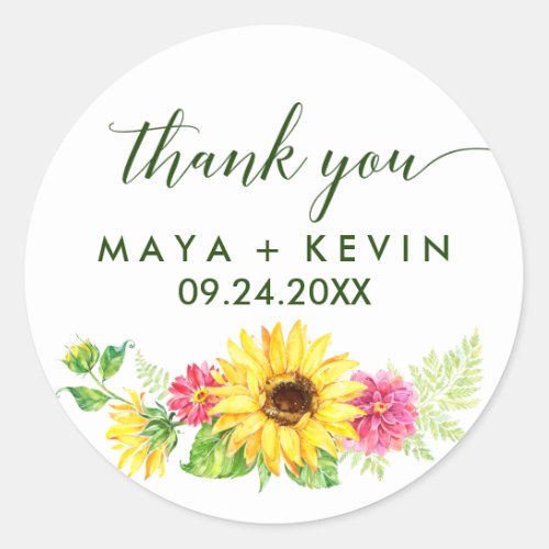 Summer Sunflower Thank You Wedding Favor Classic Round Sticker