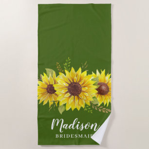 Summer Sunflower Watercolor Green Bridesmaid Favor Beach Towel
