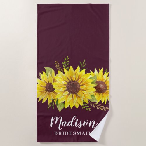 Summer Sunflower Watercolor Red Bridesmaid Favor Beach Towel