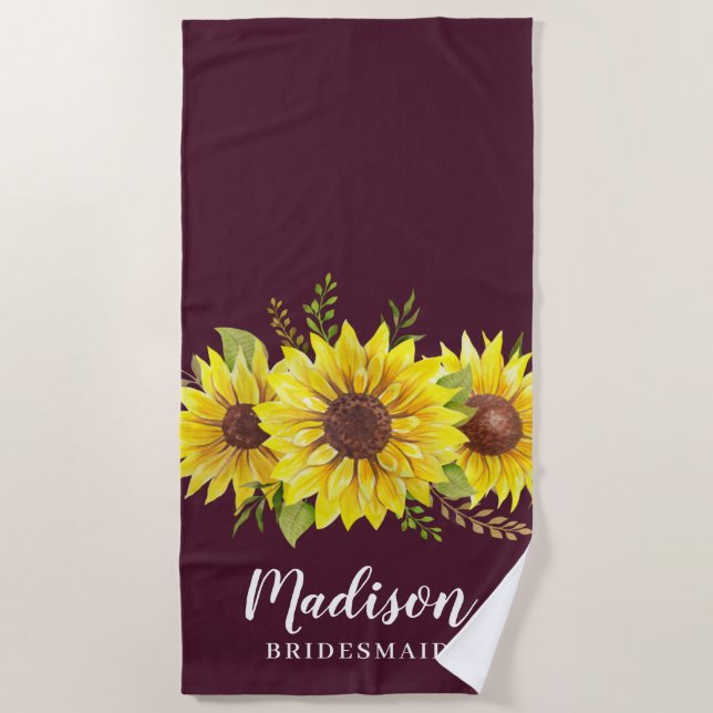 Summer Sunflower Watercolor Red Bridesmaid Favor Beach Towel (Front)