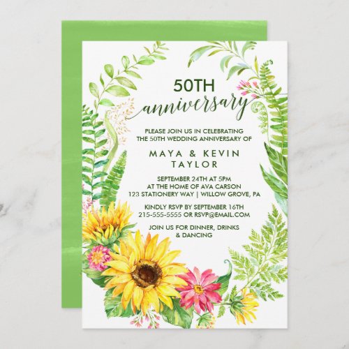 Summer Sunflower Wreath 50th Wedding Anniversary Invitation