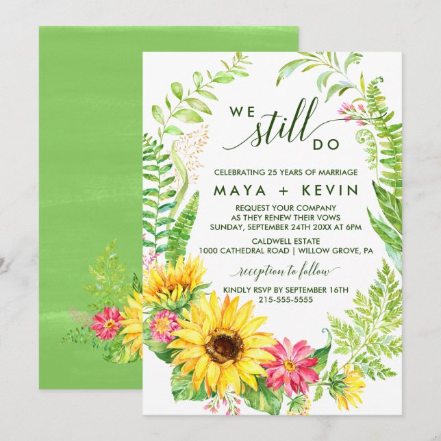 Summer Sunflower Wreath Vow Renewal Invitation (Front/Back)