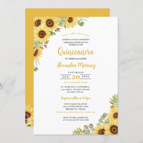 Summer Sunflower Yellow White Floral Quinceanera Invitation