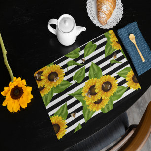 Summer Sunflowers Black White Stripe Honey Bees  Cloth Placemat