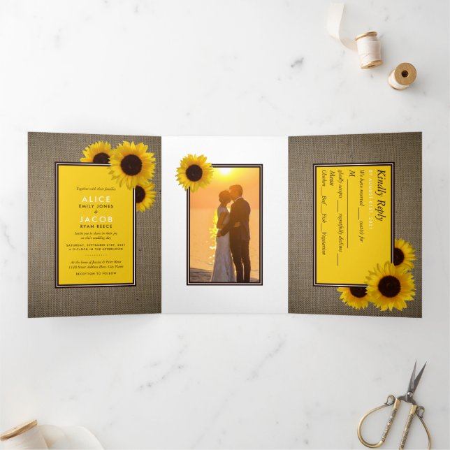 Summer Sunflowers & Burlap, Wedding Suite Tri-Fold Invitation (Inside)