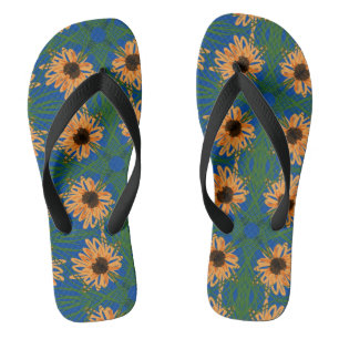 Summer Sunflowers Drawing Pattern Blue Flip Flops