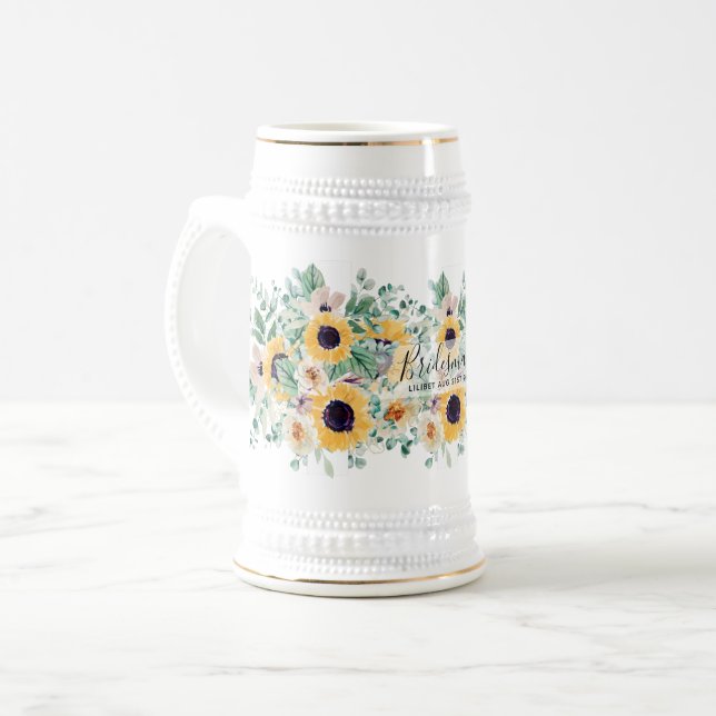Summer Sunflowers Eucalyptus Greenery Wedding Beer Stein (Front Left)