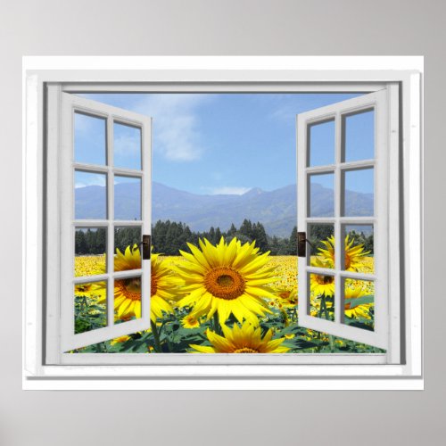 Summer Sunflowers Garden View Fake Window Poster