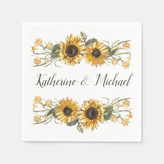Summer Sunflowers Personalized Wedding Napkins (Front)