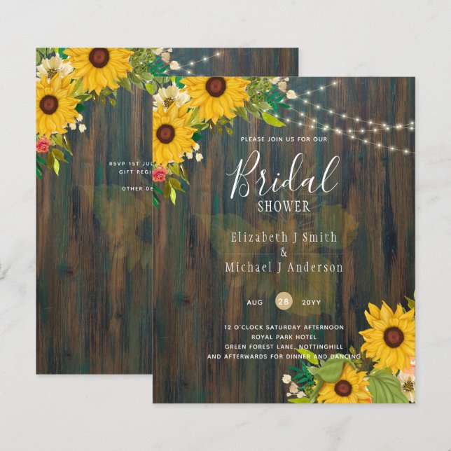 Summer Sunflowers Rustic Wood BRIDAL SHOWER INVITE (Front/Back)