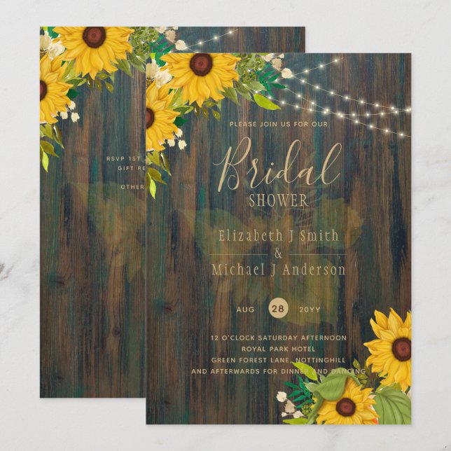Summer Sunflowers Rustic Wood BRIDAL SHOWER INVITE (Front/Back)