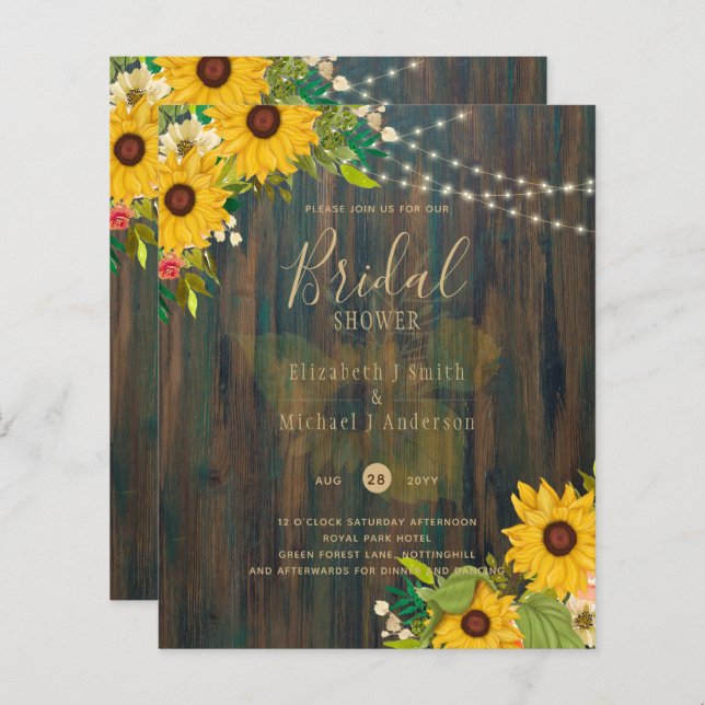 Summer Sunflowers Rustic Wood BRIDAL SHOWER INVITE (Front/Back)