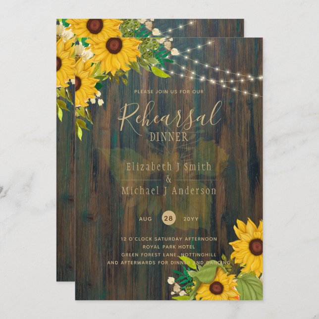 Summer Sunflowers Rustic Wood REHEARSAL DINNER Inv Invitation (Front/Back)