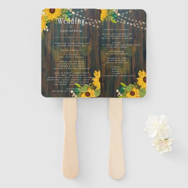 Summer Sunflowers Rustic Wood Wedding Hand Fan (Front and Back)