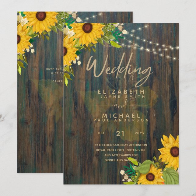 Summer Sunflowers Rustic Wood Wedding Invitation (Front/Back)