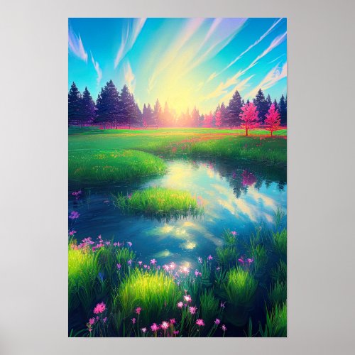 Summer Sunrise in Serene Meadow Poster