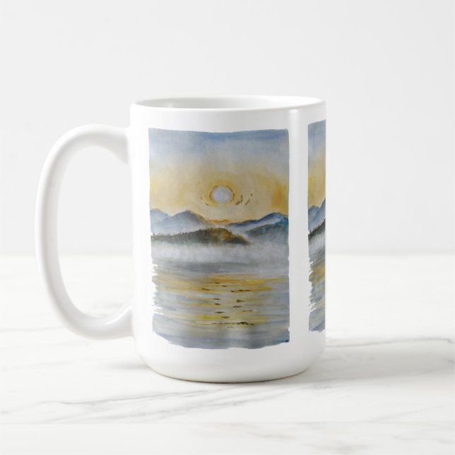 Summer Sunrise over Misty Mountains and Lake – Wat Coffee Mug (Left)