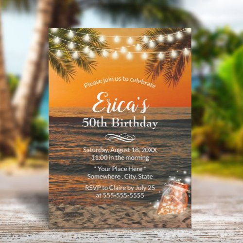 Summer Sunset Beach Glow Mason Jar 50th Birthday Invitation