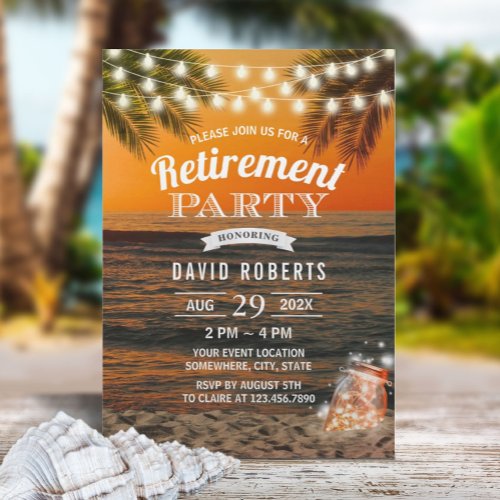 Summer Sunset Beach Glow Mason Jar Retirement Invitation