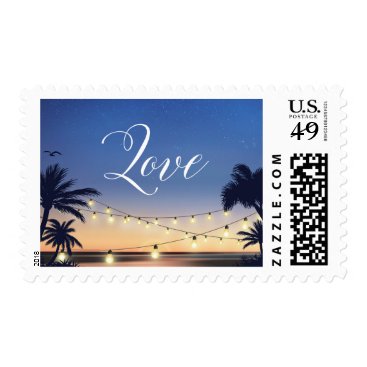 Summer Sunset Palm Beach String Lights Love Script Postage Summer Sunset Palm Beach String Lights Love Script Postage
